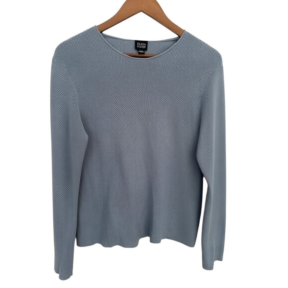 Eileen Fisher Womens Light Blue Textured Waffle Knit Crew Neck Sweater Size L